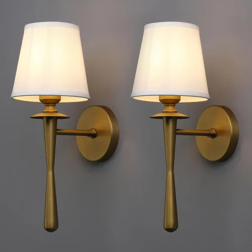 Yosoan - Juego de 2 apliques de pared de latón dorado estilo retro boho con tela blanca, lámparas industriales antiguas para interiores con cable,