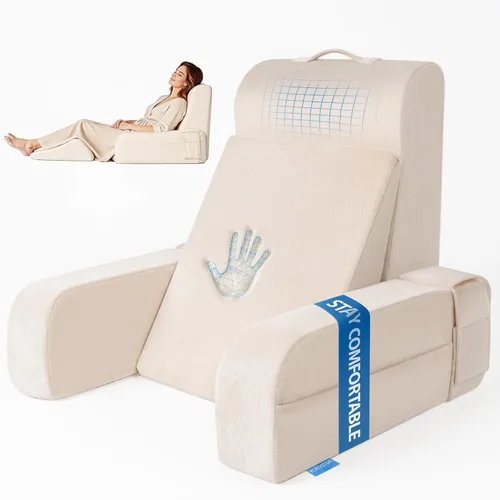 Miniatura 12 de Kayfia Almohada de lectura, almohada de espalda 10 en 1 para cama sentada con reposabrazos desmontable, respaldo con espuma viscoelástica de gel