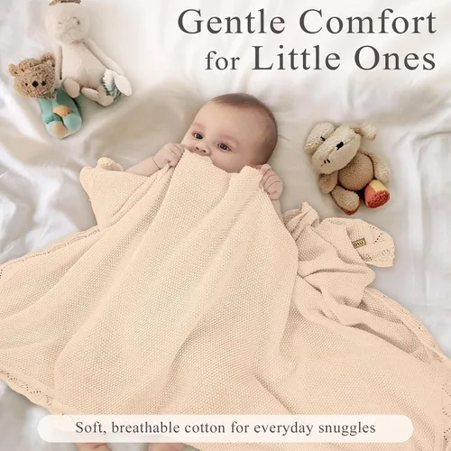 Miniatura 2 de Manta de punto para bebés para niños y niñas, 100% algodón, manta para cuna y cochecito para recién nacidos, bebés, niños pequeños, crema, 40 x 31