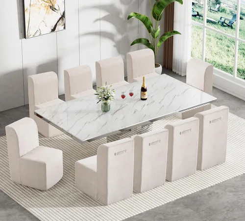 Miniatura 14 de Juego de mesa de comedor de mármol sintético blanco para 10, juego de mesa de comedor extensible de 11 piezas de 63 a 94 pulgadas con 10 sillas