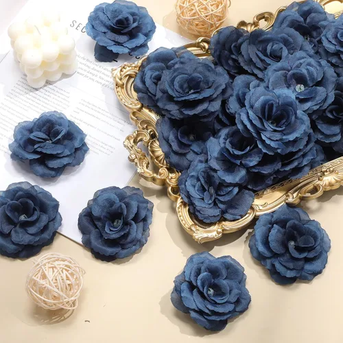 Miniatura 5 de 200 flores artificiales de seda falsa de 3 pulgadas con tallo de esmeralda, rosa sintética y tallo de 6 pulgadas para boda, ramo de novia, Azul