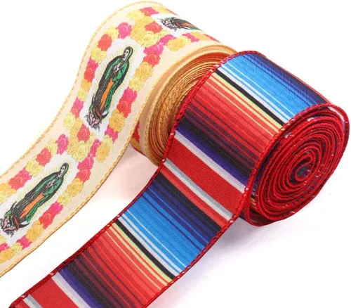 Estivaux 2 rollos de cintas de fiesta mexicana para corona, Cinco de Mayo con borde con alambre de cinta de rayas mexicanas, cintas coloridas de