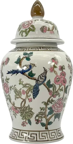 Miniatura 14 de Galt International Jarrón de Templo de Cerámica Chinoiserie Floral Marrón y Blanco de 18" con Tapa - Jarrón de Jengibre Decoración para Hogar