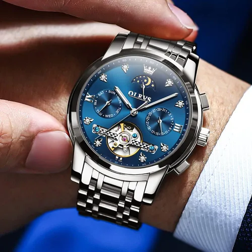 Miniatura 4 de OLEVS Men Automatic Watch Skeleton Moon Phase Dial Luxury Dress Stainless Steel Strap 5 Hands Diamond Men Wrist Watches