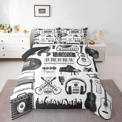 Miniatura 22 de Juego de ropa de cama de guitarra, tamaño individual para niños y niñas, juego de edredón con teclados de piano, temática musical, inserto