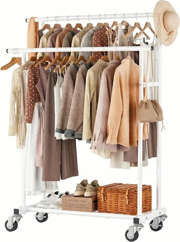 Miniatura 10 de Calmootey Perchero de ropa de doble varilla, organizador portátil para colgar ropa, organizador de ropa rodante para dormitorio, sala de estar, Negro