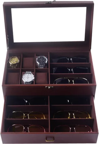Miniatura 5 de AUTOARK Caja de cuero y terciopelo para 6 relojes, caja de joyería y 9 piezas de almacenamiento para lentes de sol y gafas de sol, cajón organizador