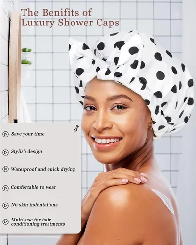 Miniatura 4 de 2 piezas de gorras de ducha para mujer, gorras de ducha reutilizables impermeables para el cabello con moño ajustable, lujosa gorra de baño