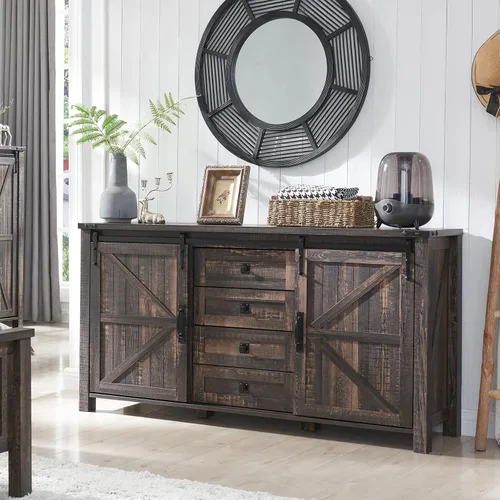 Miniatura 18 de T4TREAM Cómoda de 5 cajones para dormitorio con puerta de granero deslizante, cómoda moderna alta de estilo granja, 5 cajones, organizador de Roble