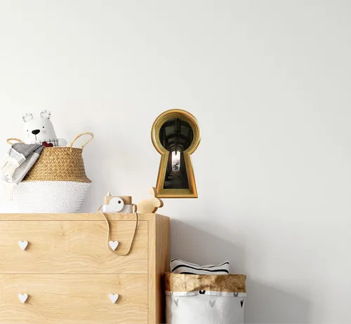 Miniatura 4 de Calcomanía de pared con diseño de ojo de cerradura dorada, conejo blanco, corriendo tarde, país de las maravillas, mundo de fantasía encantado