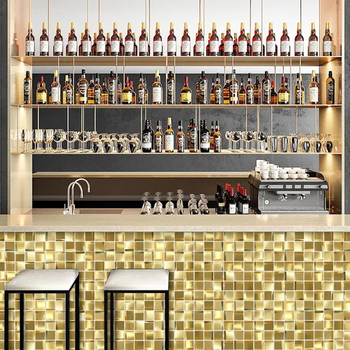 Miniatura 5 de Parrotile Paneles de pared 3D, azulejos de mosaico de metal dorado de 2 x 2 pulgadas, decoración de pared dorada [5 hojas]