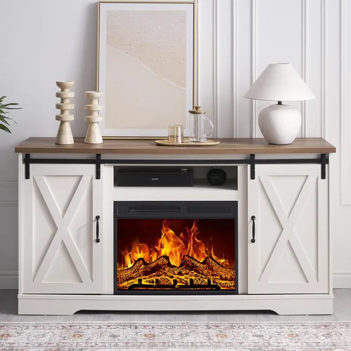 Miniatura 7 de AMERLIFE Soporte de TV con chimenea de 59 pulgadas para televisores de hasta 65 pulgadas, centro de entretenimiento de granja con puertas correderas