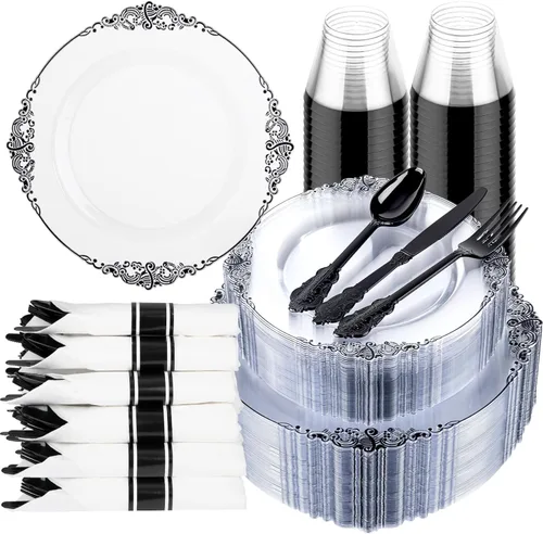 Miniatura 33 de Hioasis 175 platos de plástico verde transparente, elegante juego de vajilla desechable adecuado para 25 invitados, incluye platos de cena de 10.25