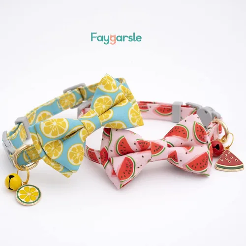 Miniatura 6 de Faygarsle Paquete de 2 collares de gato lindos con campana de moño separable para gatos machos y hembras, patrón de sandía, limón y rosa de lujo