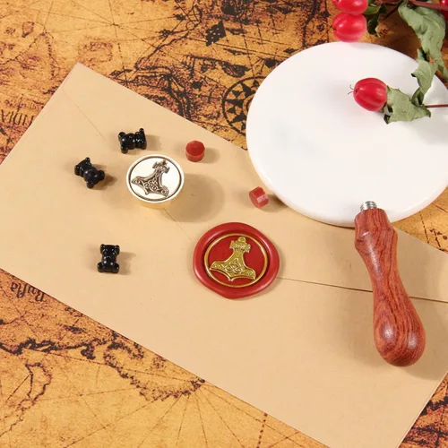 Miniatura 6 de Sello de cera, martillo de Thor, cabezas de sello de cera para boda, cabeza de latón extraíble, mango de madera, nudo celta, sello de cera