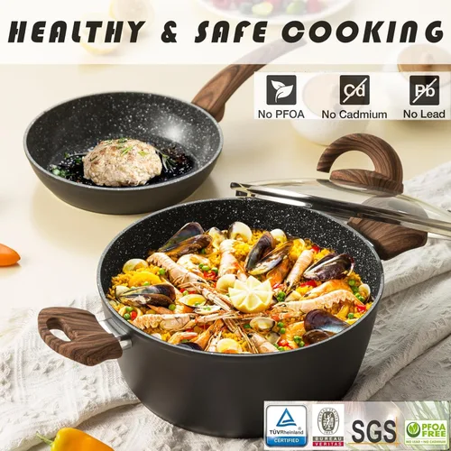 Miniatura 3 de Vkoocy Juego de ollas y sartenes antiadherentes, juego de utensilios de cocina de cerámica con patrón de granito, juegos de cocina de inducción