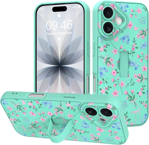 Miniatura 92 de Funda diseñada para iPhone 17 Pro Max con soporte plegable y correa para dedos, bonito patrón de lazo de corazón de flor rosa para mujeres y niñas