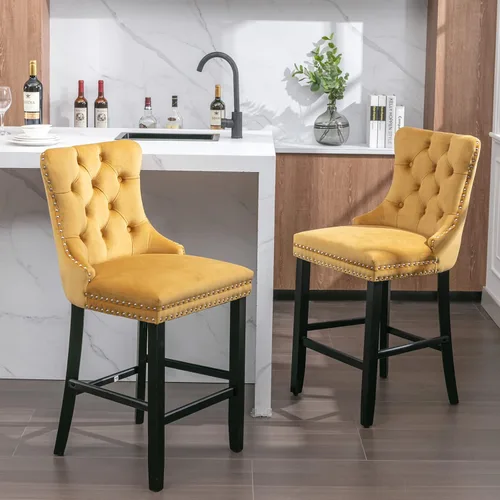 Miniatura 11 de Juego de 2 taburetes de bar de altura de mostrador, sillas de comedor tapizadas de terciopelo con ribete de cabeza de clavo, patas de madera