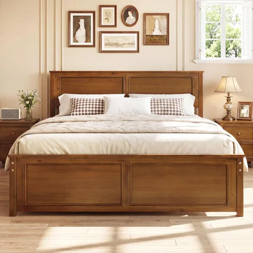 Miniatura 18 de Giantex Marco de cama de plataforma de madera maciza de tamaño matrimonial, marco de cama matrimonial de mediados de siglo con cabecero, soporte