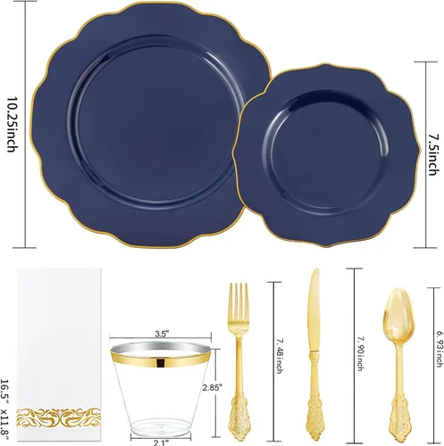 Miniatura 2 de NOCCUR 175 piezas de vajilla de plástico azul con cubiertos desechables - Incluye 50 platos desechables azules con borde dorado, 75 cubiertos Azul