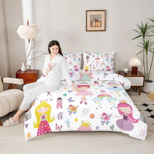 Miniatura 3 de Juego de Edredón de Princesa de Ballet para Niñas Tamaño Individual, Juego de Ropa de Cama de Castillo Arcoíris Kawaii Flores Lindas Mariquita Multi