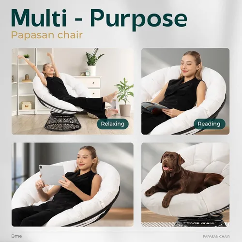 Miniatura 6 de Bme Silla Papasan ergonómica de mimbre de 40 pulgadas con cojín y marco suaves y gruesos, giro de 360°, círculo, lectura, silla cómoda para sala