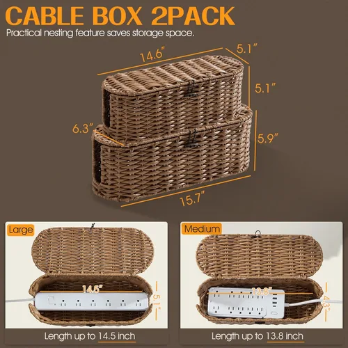 Miniatura 3 de FairyHaus Caja organizadora de cables, 2 unidades, color marrón, tejida a mano, grande y pequeña, para ocultar cables y regleta de alimentación