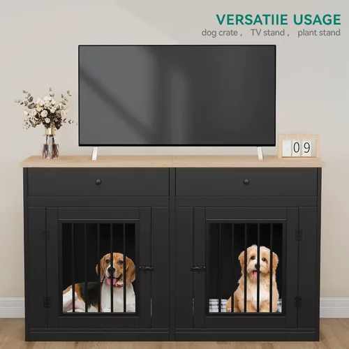 Miniatura 2 de DWVO Muebles de jaula doble de 60 pulgadas para 2 perros, soporte de TV de jaula de perro de madera resistente con divisor removible y cajones
