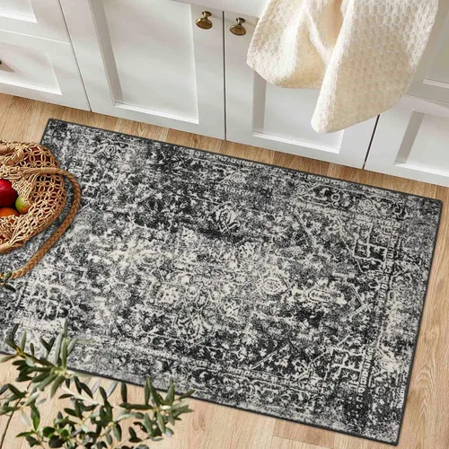 Miniatura 3 de Morebes Alfombras vintage de 2 x 3, alfombra negra para entrada, alfombra lavable para cocina, antideslizante, alfombra para puerta