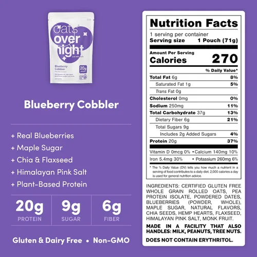 Miniatura 2 de Oats Overnight - Blueberry Cobbler - Vegano, 0.71 oz de proteína, batido de desayuno alto en fibra - Sin gluten, avena sin OMG (2.5 oz por comida)