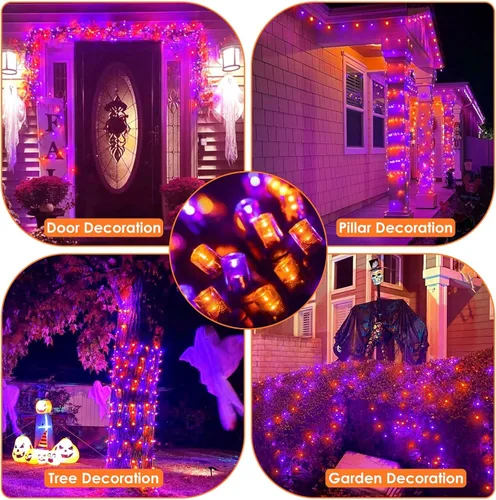 Miniatura 3 de Guirnalda de luces moradas y naranjas de Halloween, se pueden conectar entre sí, 2 unidades, 164 pies, 400 LED, 13 modos, impermeable