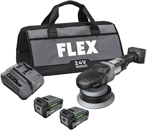 FLEX Kit de pulidora orbital aleatoria forzada inalámbrica sin escobillas de 24 V con (2) baterías de litio de 5.0 Ah y cargador rápido de 160 W -