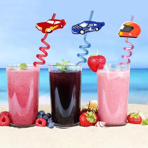 Miniatura 5 de 24 popotes reutilizables para decoración de fiesta de cumpleaños, suministros para fiestas de cumpleaños, marcadores de bebidas con 2 cepillos