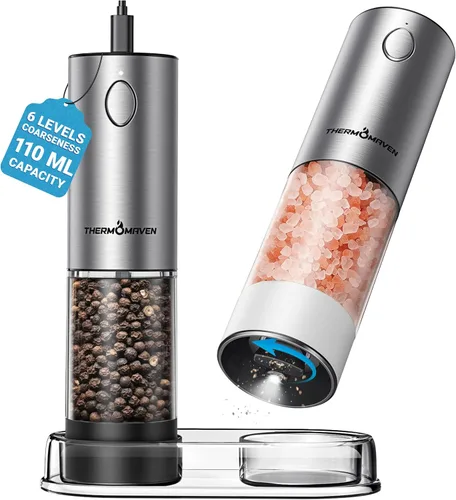 Miniatura 15 de ThermoMaven Juego de molinillo eléctrico de sal y pimienta, 3.7 fl oz más grande, recargable, automático, molinillo de sal y pimienta con 6 grosores