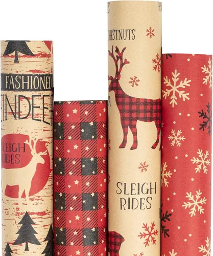 Miniatura 11 de RUSPEPA - Papel para envolver regalos de Navidad, papel kraft – diseños de ciervos, copos de nieve y cuadros – 4 rollos – 30 pulgadas x 10 pies por