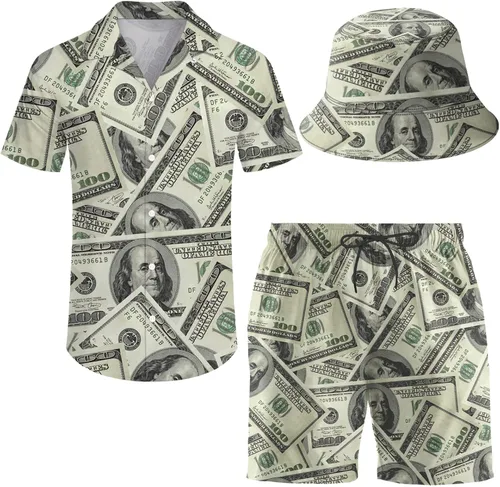 ifamawlea Conjunto de 2 piezas para hombre, camisa hawaiana, pantalones cortos, camisa con botones y pantalones cortos con sombreros de pescador
