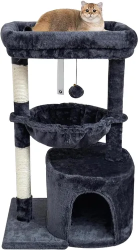 Miniatura 11 de SYANDLVY Árbol pequeño para gatos de interior, condominio para gatitos con poste rascador y tabla, torre de actividades moderna con cuna, beige