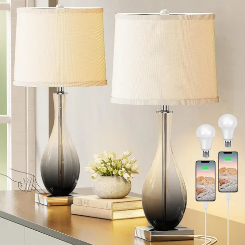 Miniatura 8 de Juego de 2 lámparas de mesa con control táctil, lámpara de mesa de vidrio moderna regulable de 3 vías para sala de estar con puertos de carga USB C