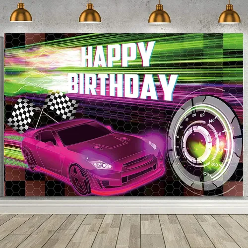 Miniatura 18 de MEHOFOND Telón de fondo negro de 7 x 5 pies, decoración de fiesta de carreras para niños, cartel de fiesta de cumpleaños con temática de auto