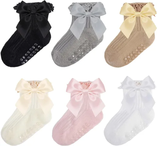 Miniatura 22 de Calcetines para bebé niña con agarre antideslizante con volantes con lazos, algodón suave, calcetines con empuñaduras para bebé recién nacido