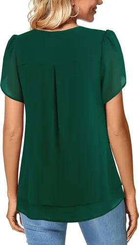 Miniatura 3 de Furnex Blusas de manga corta con cuello en V para mujer, diseño de pétalos de doble capa, túnica de gasa