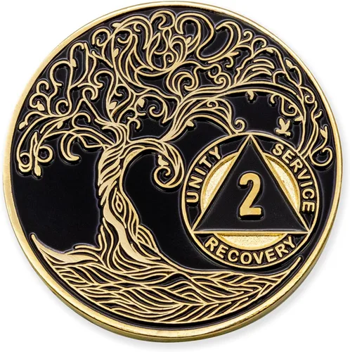 Miniatura 241 de 20 Year Sobriety Mint Twisted Tree of Life - Medallón de recuperación AA chapado en oro, fichas y fichas, color negro