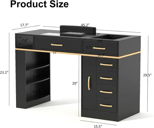 Miniatura 5 de Mesa de manicura con colector de polvo eléctrico, estación de manicura versátil con parte superior de vidrio para tecnología de uñas, incluye cojín
