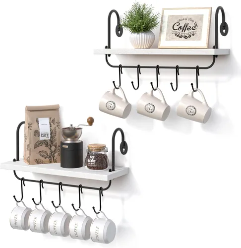 Miniatura 9 de Olakee Estantes flotantes de pared para cocina, baño, rincón de café con 10 ganchos ajustables para tazas, utensilios de cocina o toallas, estantes