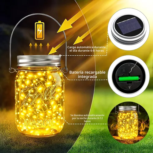 Miniatura 2 de Luces solares en tarro de masón para exteriores, paquete de 12 30 luces LED de luciérnaga, tapas solares para tarros de masón, tiras de luces