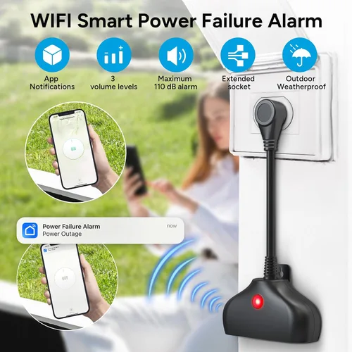 Miniatura 4 de Alarma de falla de energía WiFi, alertas de aplicación inteligente y sirena de 110 dB y uso en interiores y exteriores para congelador, bomba