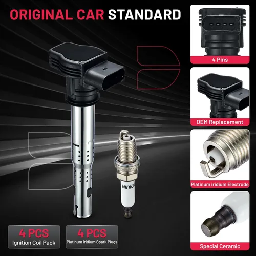 Miniatura 6 de BDFHYK Paquete de bobina de encendido y bujías de iridio compatibles con Audi Volkswagen 2.0L L4 4.2L V8 para UF575 PFR7S8EG, juegos de 4
