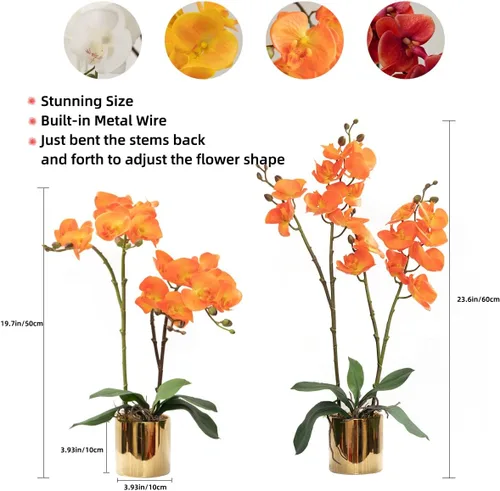Miniatura 3 de CXGS Planta de orquídeas artificiales de tacto real, orquídeas falsas en jarrón de cerámica, naranja, 19.7 pulgadas, arreglo floral falso