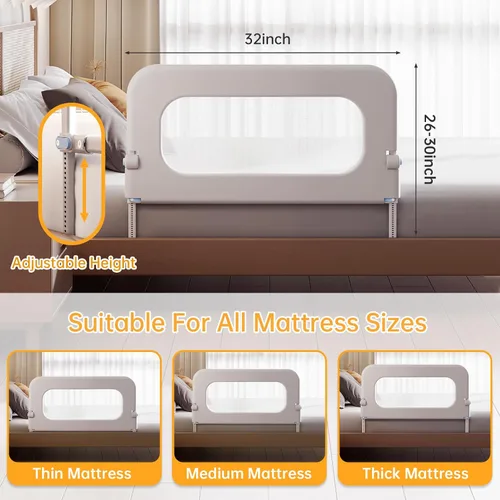 Miniatura 4 de Barandilla de protección para cama de bebé para niños pequeños, altura ajustable de 32 pulgadas, barandilla de cama abatible, barandilla lateral