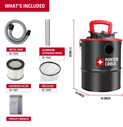 Miniatura 3 de Porter-Cable Aspiradora de Cenizas de 4 Galones 4 HP Pico, con Manguera de Metal, Prefiltro y Filtro de Cartucho, Ideal para Chimeneas, Fogatas
